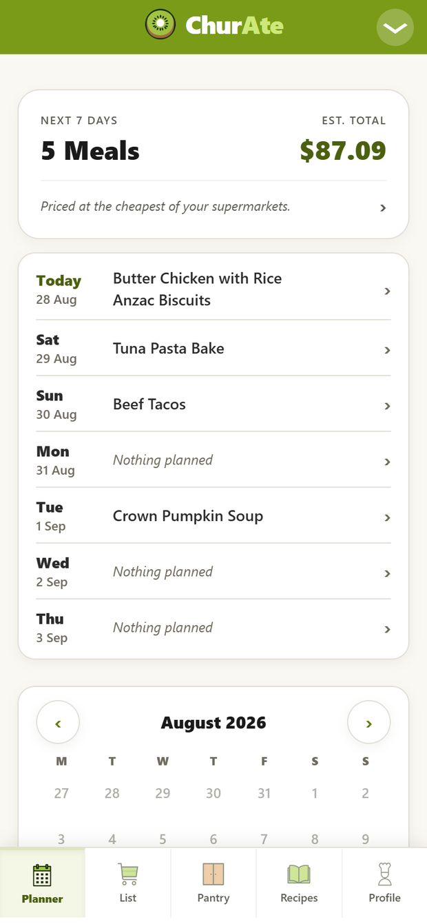 The ChurAte planner: a week of meals with an estimated total, in the app itself